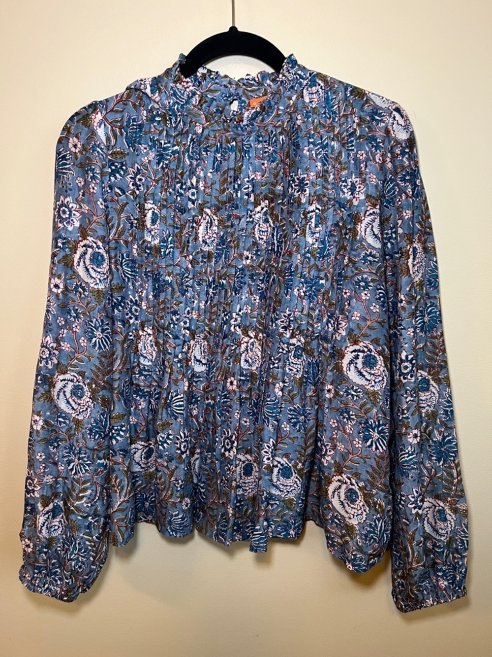 Oliphant Blue Floral Pintuck Mock Neck 100%Cotton Silk Blouse Women’s L India